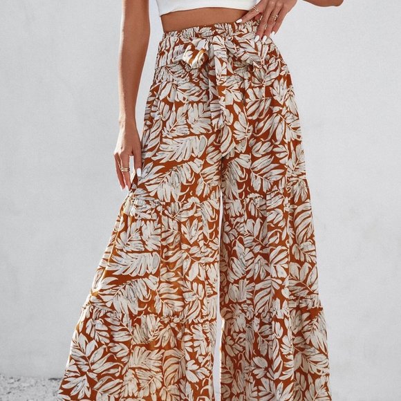 Rust Brown Boho Womens Plants Print Belted Wide Leg Pants - Picture 5 of 5